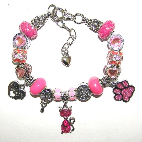 Cat Bracelet With Sparkling Pink Crystal European Beads & Charms, Cat Lover, NEW - Picture 5 of 5
